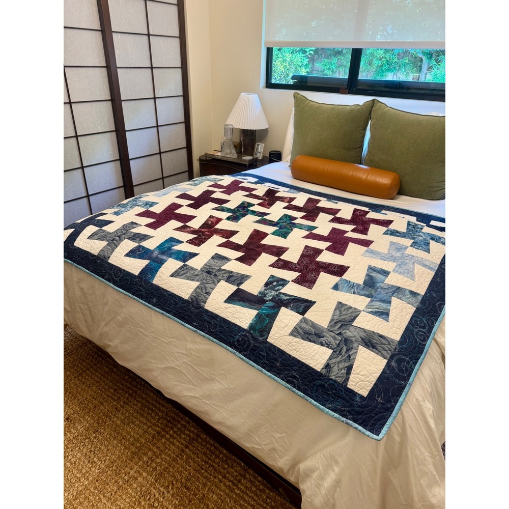 Handmade Geometric Patchwork Quilt Navy Plum Teal Batik Swirl Quilting 2021